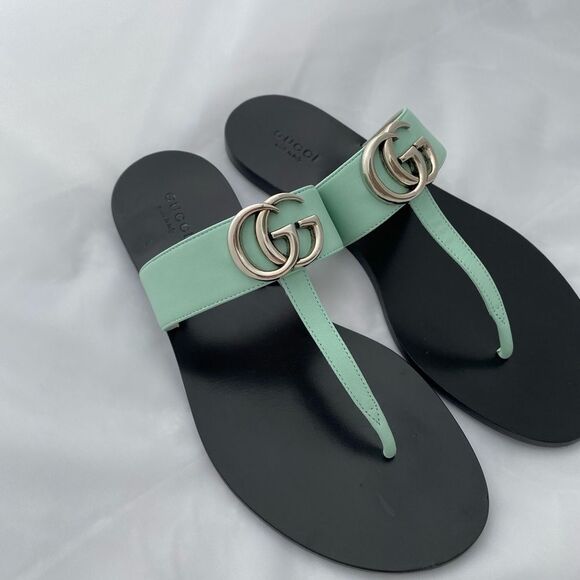 Gucci Marmont GG Thong Leather Water Green EU 37.5 US 7.5 Flip Flop Flat Sandals - Picture 2 of 16